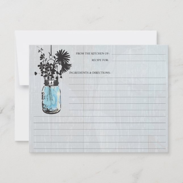 Tarjeta de receta Rustic Blue Mason Jar & Wildflow (Anverso)
