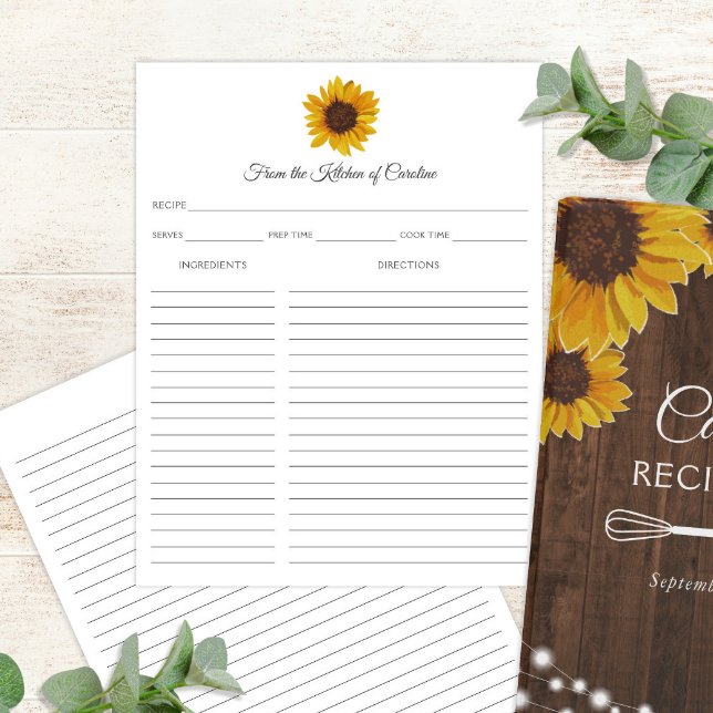Tarjeta de Receta Rústica de Girasoles para Carpet (Sunflowers Recipe Sheet for Binder Cookbook)