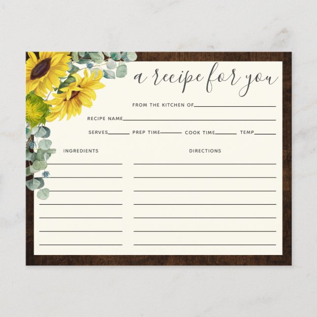 Tarjeta de receta Rústica Wood Sunflower Bridal Sh (Anverso)
