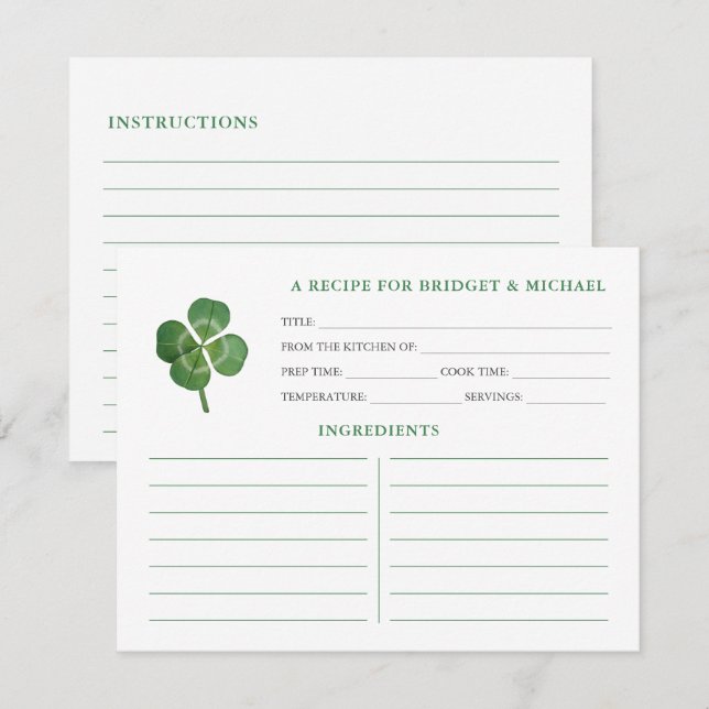 Tarjeta de receta Shamrock St Patricks Day Bridal  (Anverso / Reverso)