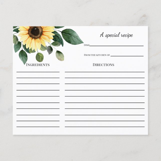 Tarjeta de receta Sunflower Bridal Shower (Anverso)