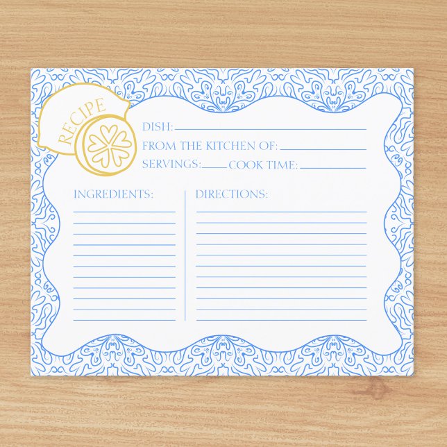 Tarjeta de receta Tarjeta italiana Citrus Lemon Br (Chic, whimsical recipe card, perfect to include in a mediterranean bridal shower invitation. )