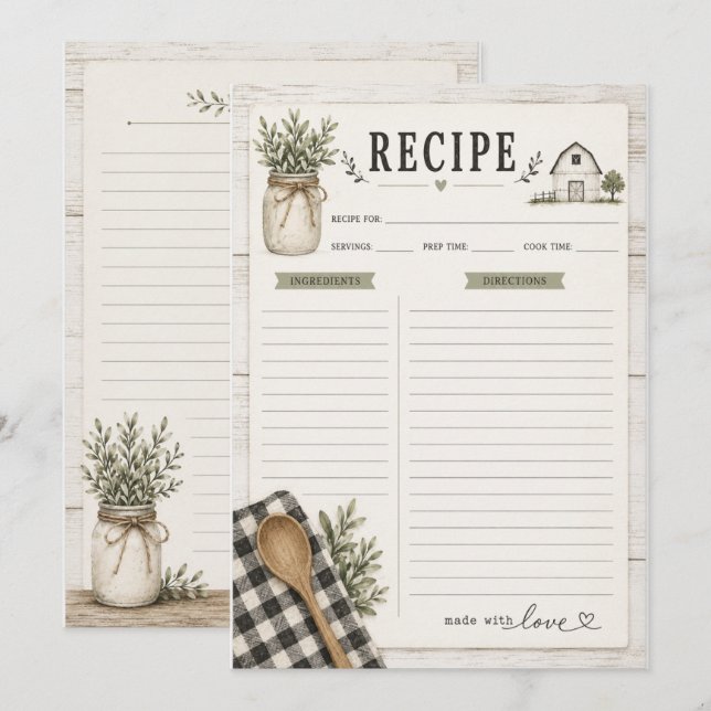 Tarjeta de Receta Tema Granja Rústica (Anverso / Reverso)
