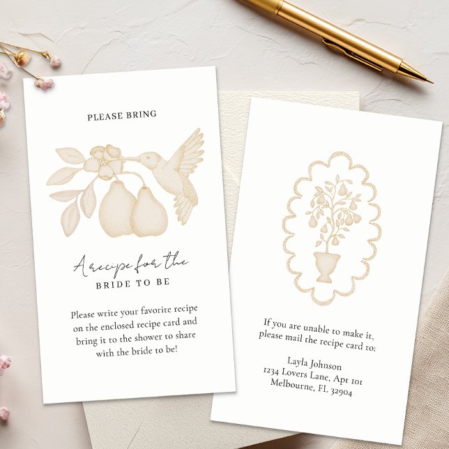 Tarjeta de recetada Gold Perfect Pear Bridal Showe (Recipe Card Explanation Insert Card)
