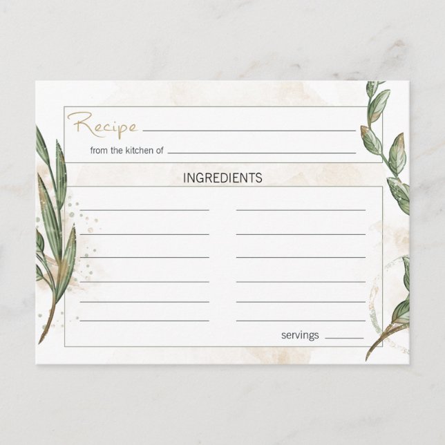 Tarjeta de recetaria Gold Sage Green Floral (Anverso)