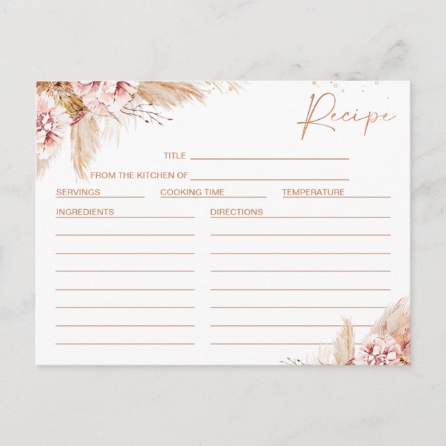 Tarjeta de recetaria Rubor Floral Rosa Gold Bridal (Anverso)