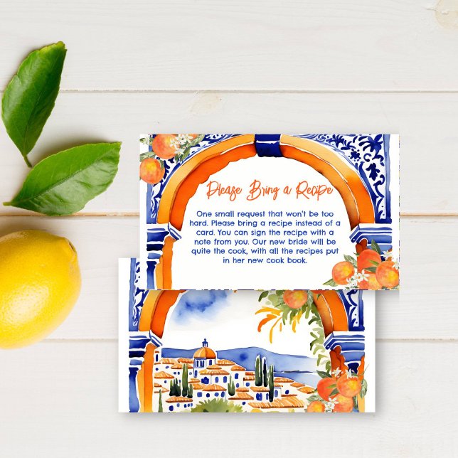 tarjeta de recetario de azulejo azul naranja talav (Orange blue azulejo talavera tiles recipe card Spanish Mexican oranges citrus summer bridal shower)