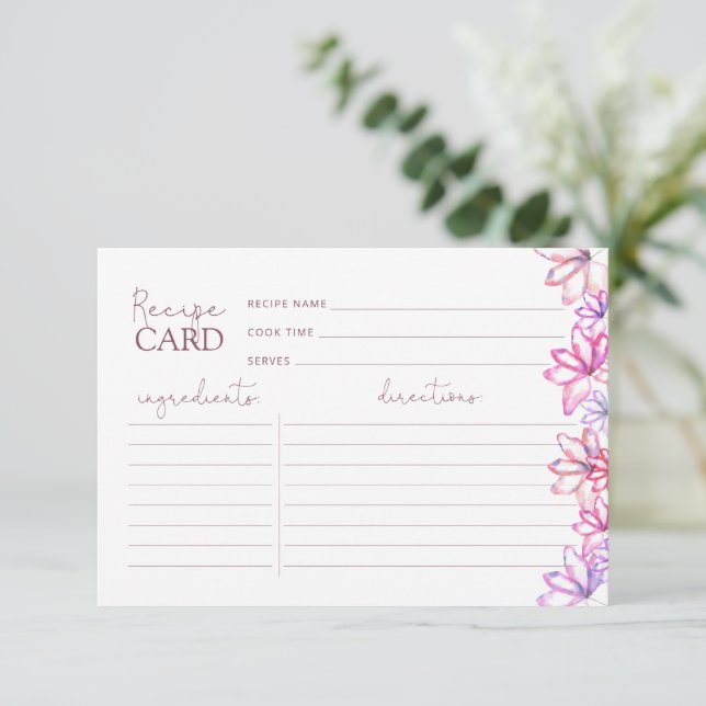 Tarjeta de recetario de ducha floral rosa acuarela (Anverso de pie)