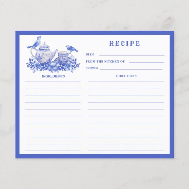 Tarjeta de recetario de juego de té floral azul y  (Anverso)
