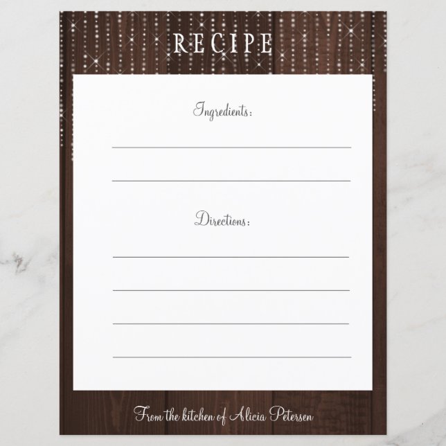 Tarjeta de recetario rustica elegante de luces de  (Anverso)