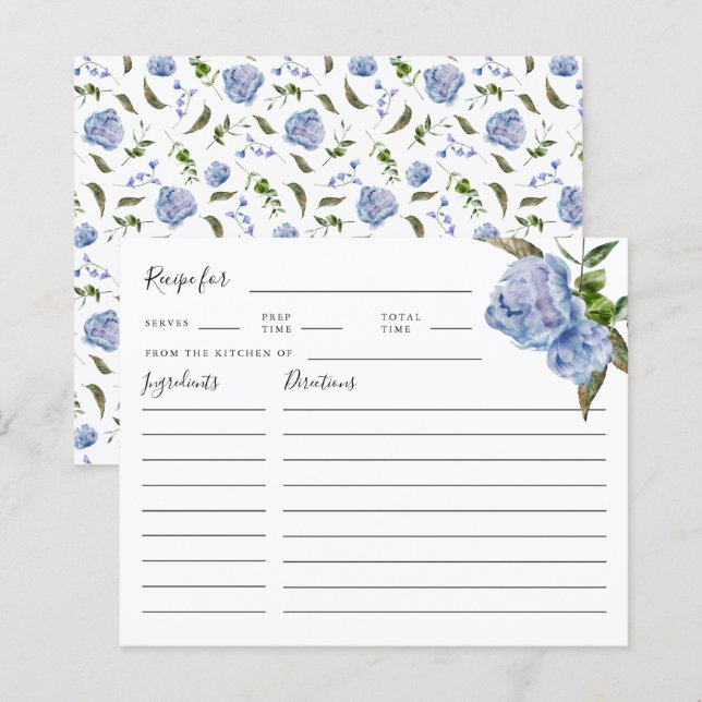 Tarjeta de recetas Blue Floral Bridal Shower (Anverso / Reverso)