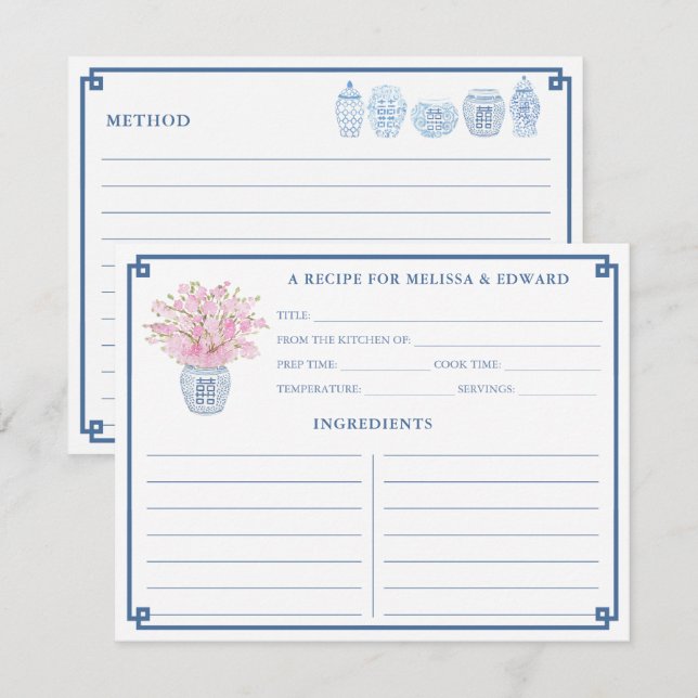 Tarjeta de recetas Chinoiserie Moda rosa y azul (Anverso / Reverso)