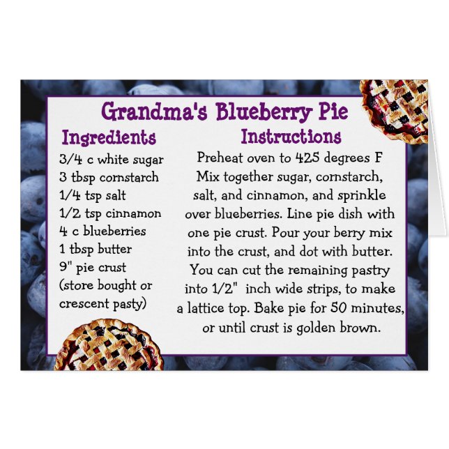 Tarjeta de recetas de Blueberry Pie REcipe (Anverso (Horizontal))