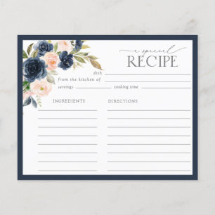 Tarjeta de recetas de ducha floral azul marino y R