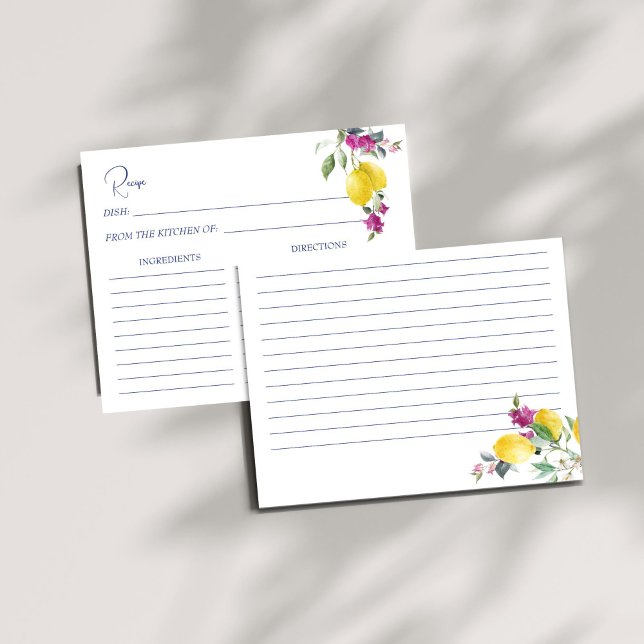 Tarjeta de recetas de limones italianos bougainvil (Vintage Italian lemons bougainvillea citrus bridal shower recipe card)