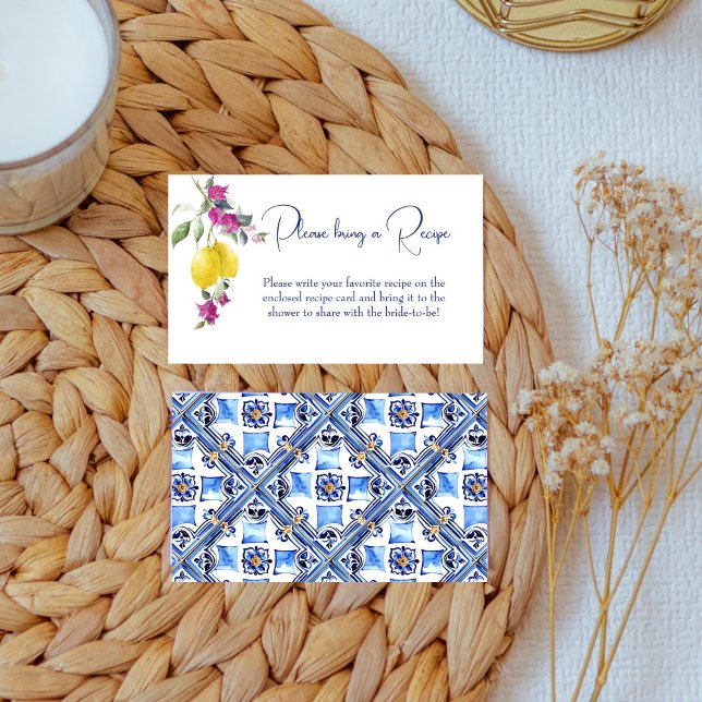 Tarjeta de recetas de limones italianos bougainvil (Vintage Italian maiolica blue tiles lemons bougainvillea citrus bridal shower recipe request card)