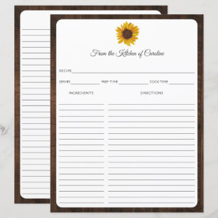 Tarjeta de Recetas de Madera Rústica de Girasoles 