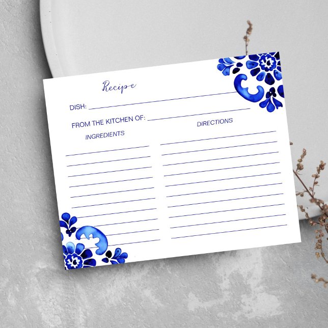 Tarjeta de recetas de temática italiana mediterrán (Amalfi Mediterranean Italian themed recipe card Blue tiles themed Talavera Azulejo tiles)