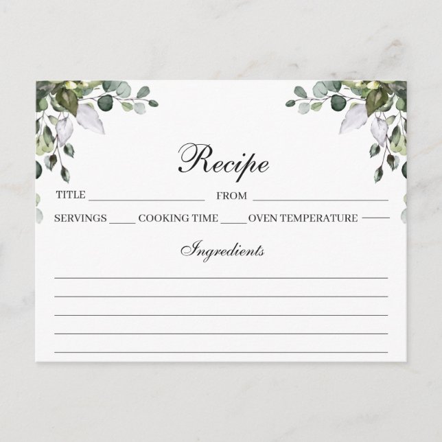 Tarjeta de recetas Eucalyptus Watercolor (Anverso)