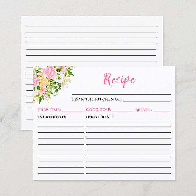Tarjeta de recetas florales amarillo rosado de ver (Anverso / Reverso)