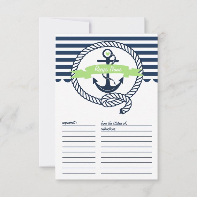 Tarjeta de recetas Mint Green y Nave Nautical Stri (Anverso)