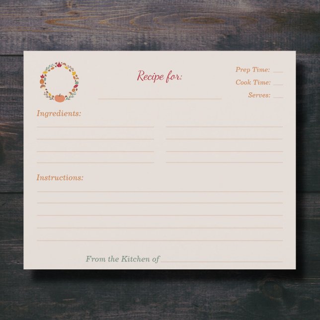 Tarjeta de recetas para ducha de novia Wreath & Fa (Fall Bridal Shower Recipe Card - Front)