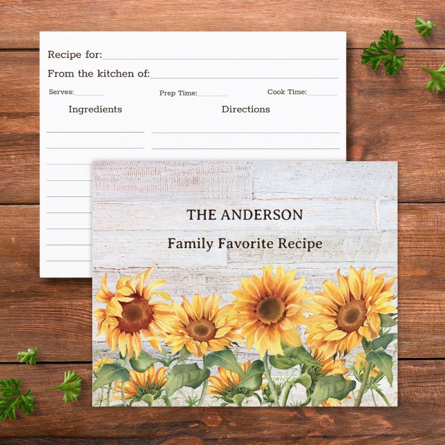 Tarjeta de recetas Rustic Sunflower Garden Family (front and back side)