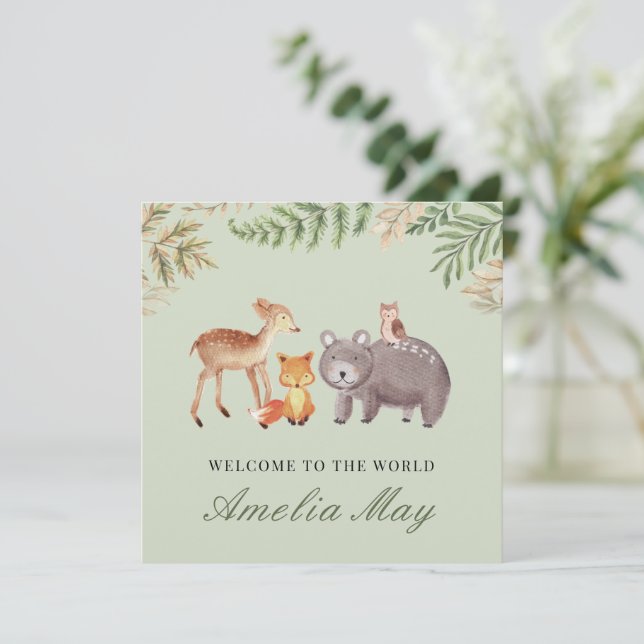 Tarjeta de Recién nacido de animales de Woodland p (Anverso de pie)