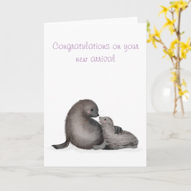 Tarjeta de recién nacido de foca de piel de madre  (flor amarilla)