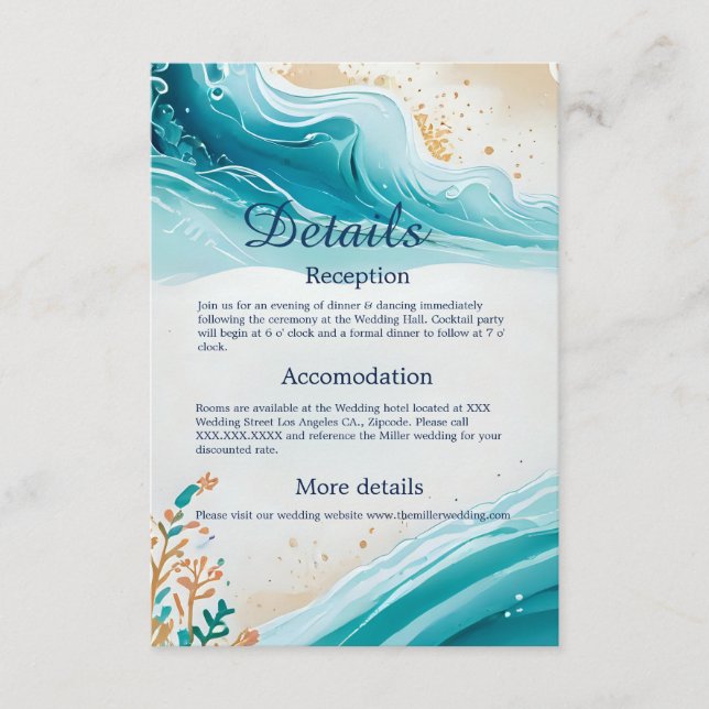 tarjeta de recinto de boda con ambiente costero az (Anverso)