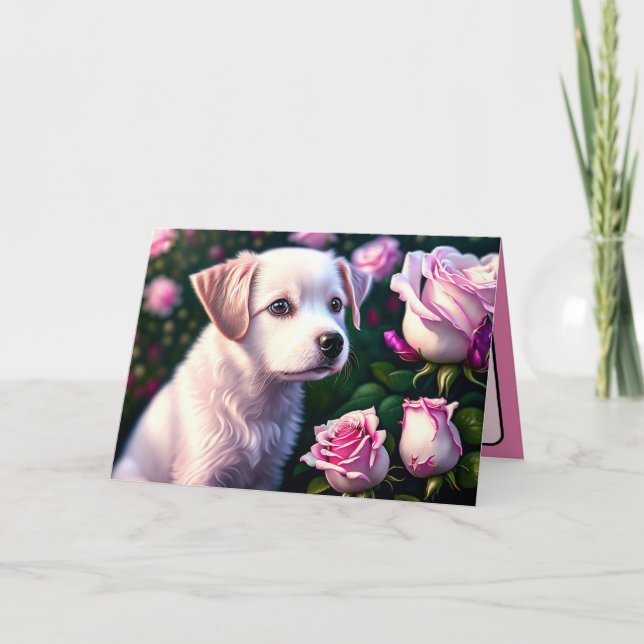 Tarjeta De Recogida De Perro Blanco Y Rosa (Anverso)