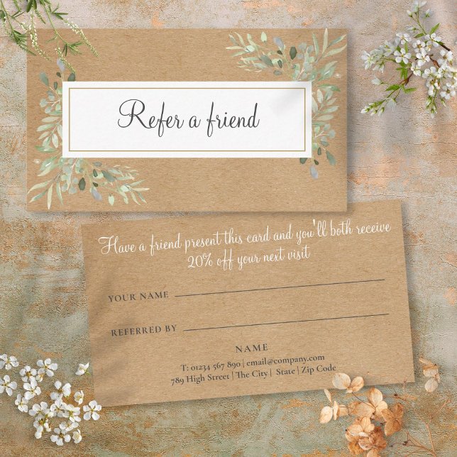 Tarjeta De Recomendación Acuarela Vegetación Kraft Rústico (Watercolor Greenery Rustic Kraft Referral Card)
