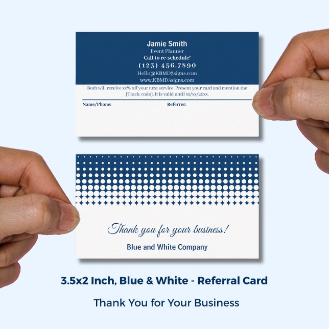 Tarjeta De Recomendación Azul y Blanco Combo Gracias & (Blue and White Modern Combo Thank You & Referral Card; Size: 3.5x2 Inch)