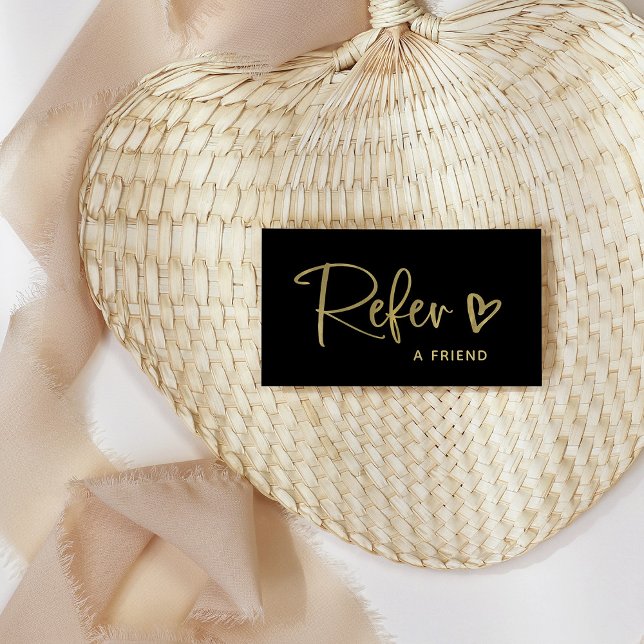 Tarjeta De Recomendación Black and Faux Gold Script and Heart | (Subido por el creador)