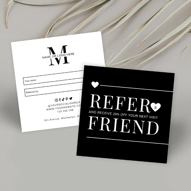 Tarjeta De Recomendación Blanco y negro simples referirse a un amigo artist (Add your business name or logo and make these client referral discount cards your own)