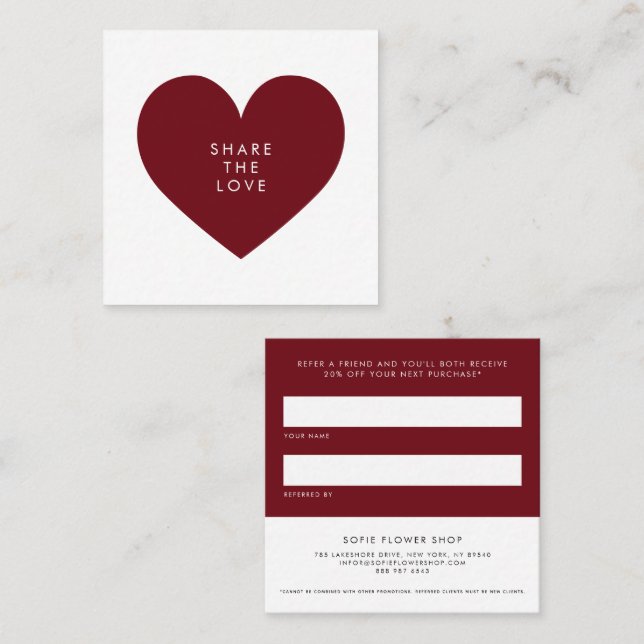 Tarjeta De Recomendación Burgundy Heart Minimalist Share the Love (Anverso / Reverso)