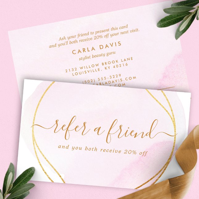 Tarjeta De Recomendación Círculo de oro con acuarela rosa moderno (Subido por el creador)