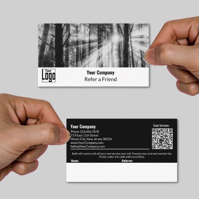 Tarjeta De Recomendación Compañía de imágenes clásicas de Personalizado bla (Classic Black and White Custom Image Company Referral Card, Logo, QR-code, Terms)