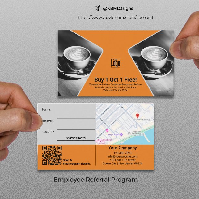 Tarjeta De Recomendación Compra 1 Obtén 1 Recompensa gratuita de Naranja ne (Buy 1 Get 1 Free Gray Black Orange Employee Reward Referral Card, BOGO Small Business Marketing Tool)