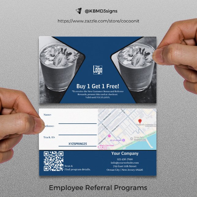 Tarjeta De Recomendación Compra 1 Obtén 1 Recompensa gratuita para empleado (Buy 1 Get 1 Free Blue White Black Employee Reward Referral Card)