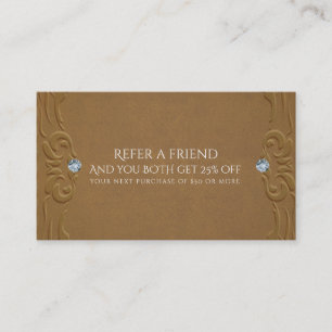 Tarjeta De Recomendación Cuero marrón falso y glam rustic diamantes
