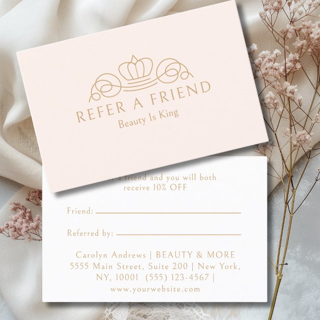 Tarjeta De Recomendación Elegant Crown Logo Salon Blush Beige (Elegant Crown Logo Salon Blush Pink Referral Card)