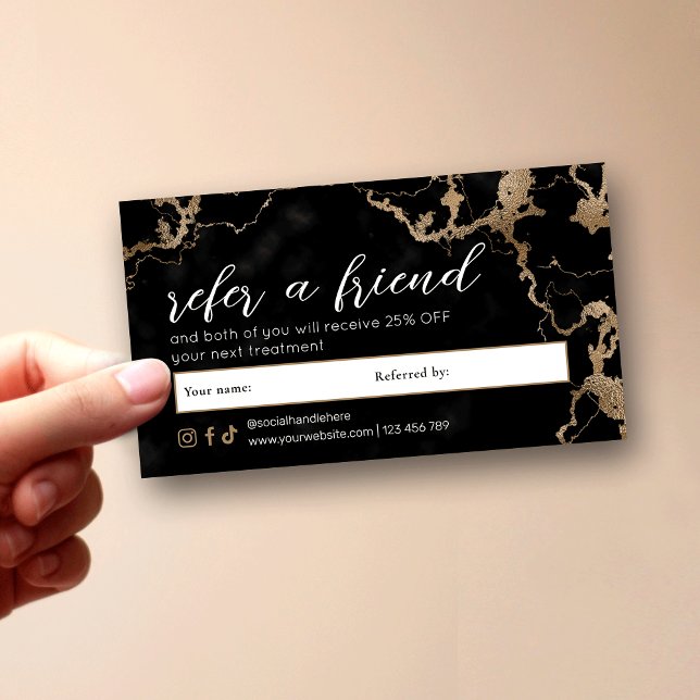 Tarjeta De Recomendación Elegant Script Gold & Black Marble Beauty Salon (Elegant black and gold marble Refer a Friend discount cards with fully customizable text)