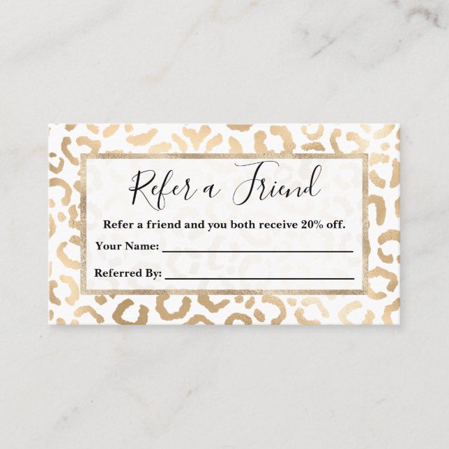 Tarjeta De Recomendación Elegante animal de leopardo blanco de oro (Anverso)