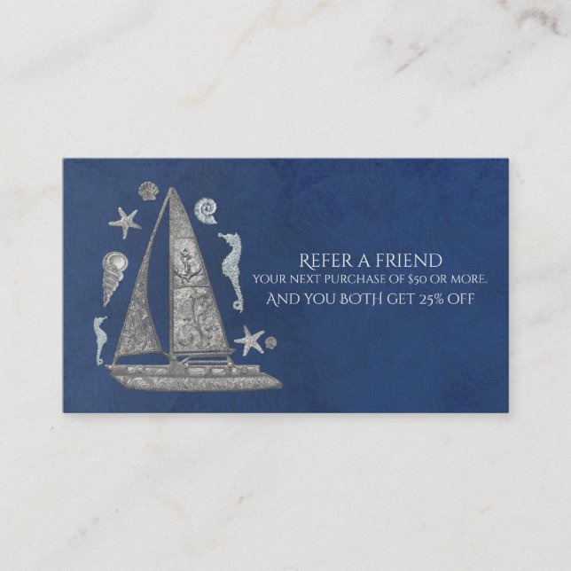 Tarjeta De Recomendación Elegante de playa de barca de plata náutica para u (Anverso)