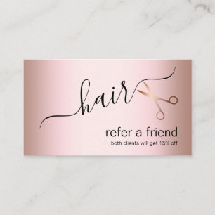 Tarjeta De Recomendación Elegante estilista moderno de tijeras rosa doradas