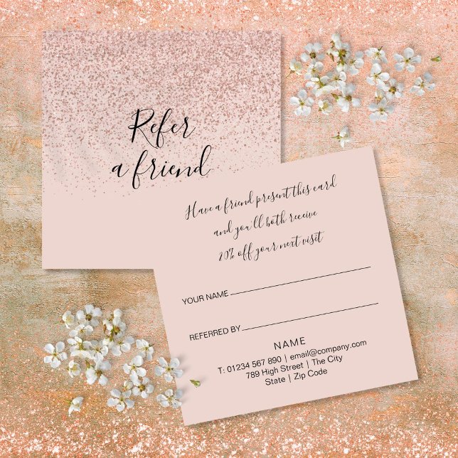Tarjeta De Recomendación Elegante guión moderno rosa dorado Glitter cliente (Elegant Modern Script Rose Gold Glitter Customer Referral Card)