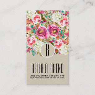 Tarjeta De Recomendación Elegante Kraft floral Rústico Monograma Shabby Chi