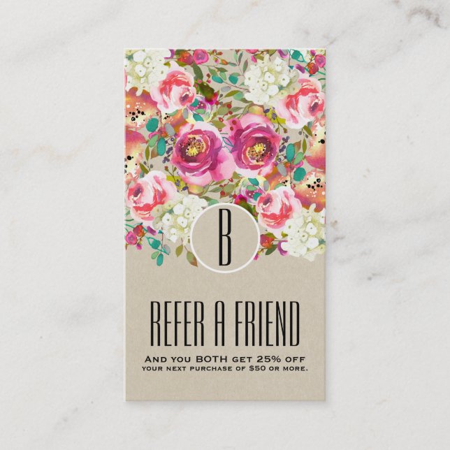 Tarjeta De Recomendación Elegante Kraft floral Rústico Monograma Shabby Chi (Anverso)