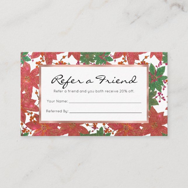 Tarjeta De Recomendación Elegante Moda Verde Rojo Purpurinas Navidades Flor (Anverso)